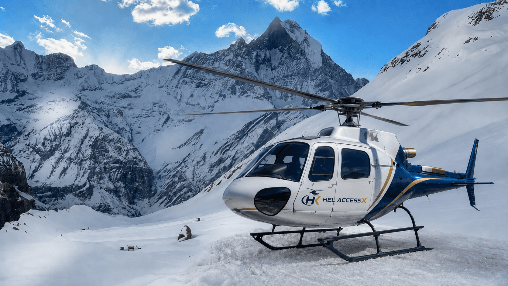 Aerial view of the Annapurna Sanctuary and Base Camp from a helicopter