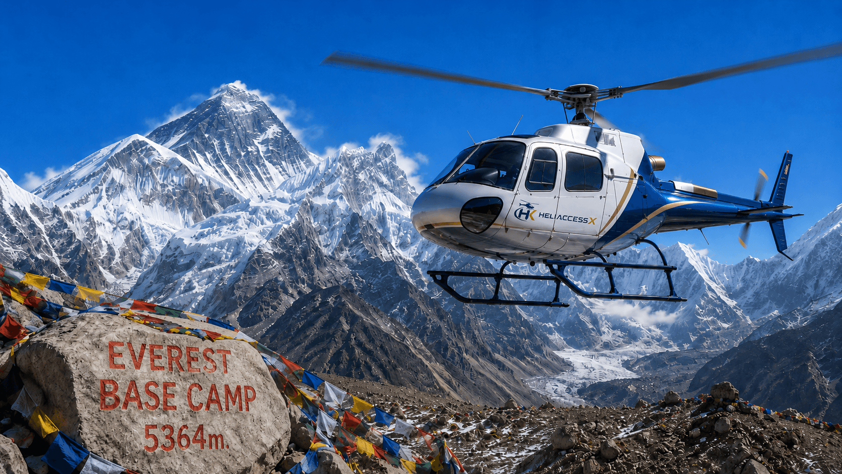 Helicopter flying over Everest Base Camp with snow-capped Himalayan peaks