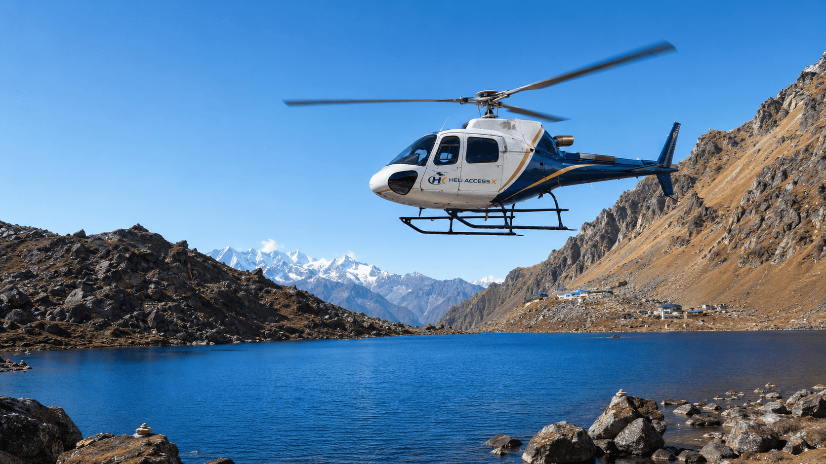 Sacred alpine Gosaikunda Lake seen from a helicopter window